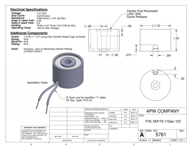 EM175-115ac-122 - Round Electromagnet 1.75 inch Dia. 115 volts AC - Holding 75 lbs. image 1