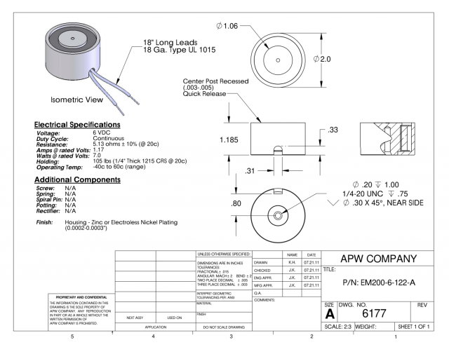 EM200-6-122-A - Round Electromagnet 2 inch Dia. 6 volts DC - Holding 105 lbs. image 1