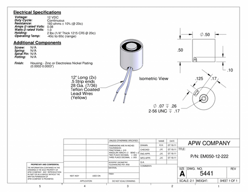 EM050-12-222 - Round Electromagnet 0.5 inch Dia. 12 volts DC - Holding 2 lbs. image 1