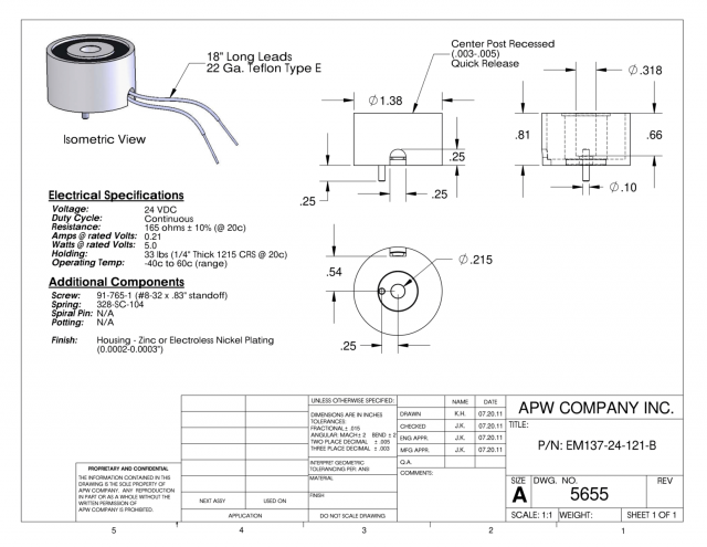 EM137-24-121-B - Round Electromagnet 1.375 inch Dia. 24 volts DC - Holding 33 lbs. image 1