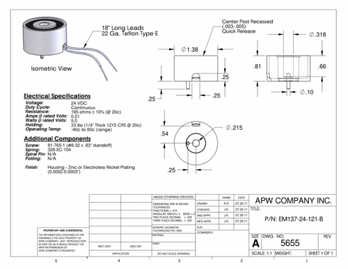 EM137-24-121-B - Round Electromagnet 1.375 inch Dia. 24 volts DC - Holding 33 lbs. image 1