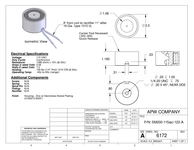 EM200-115ac-122-A - Round Electromagnet 2 inch Dia. 115 volts AC - Holding 105 lbs. image 1