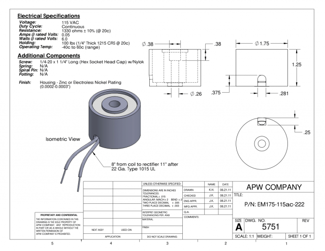 EM175-115ac-222 - Round Electromagnet 1.75 inch Dia. 115 volts AC - Holding 100 lbs. image 1