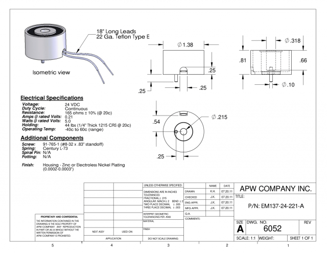 EM137-24-221-A - Round Electromagnet 1.375 inch Dia. 24 volts DC - Holding 44 lbs. image 1