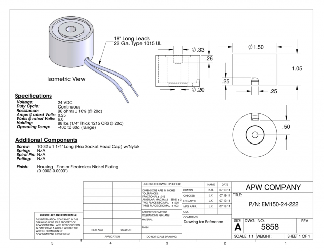 EM150-24-222 - Round Electromagnet 1.5 inch Dia. 24 volts DC - Holding 88 lbs. image 1