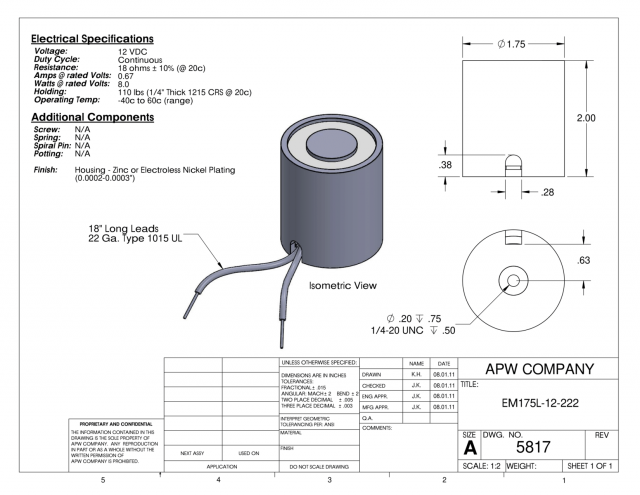 EM175L-12-222 - Round Electromagnet 1.75 inch Dia. 12 volts DC - Holding 110 lbs. image 1