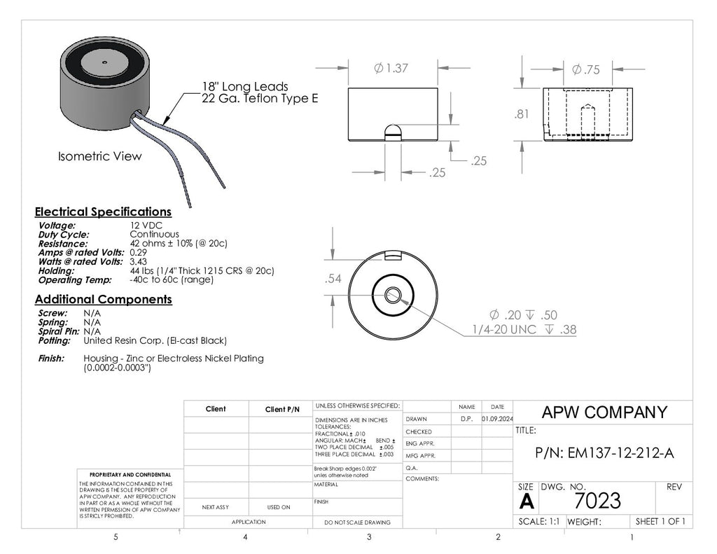 EM137-12-212-A - Round Electromagnet 1.375 inch Dia. 12 VDC - Holding 44 lbs. image 1