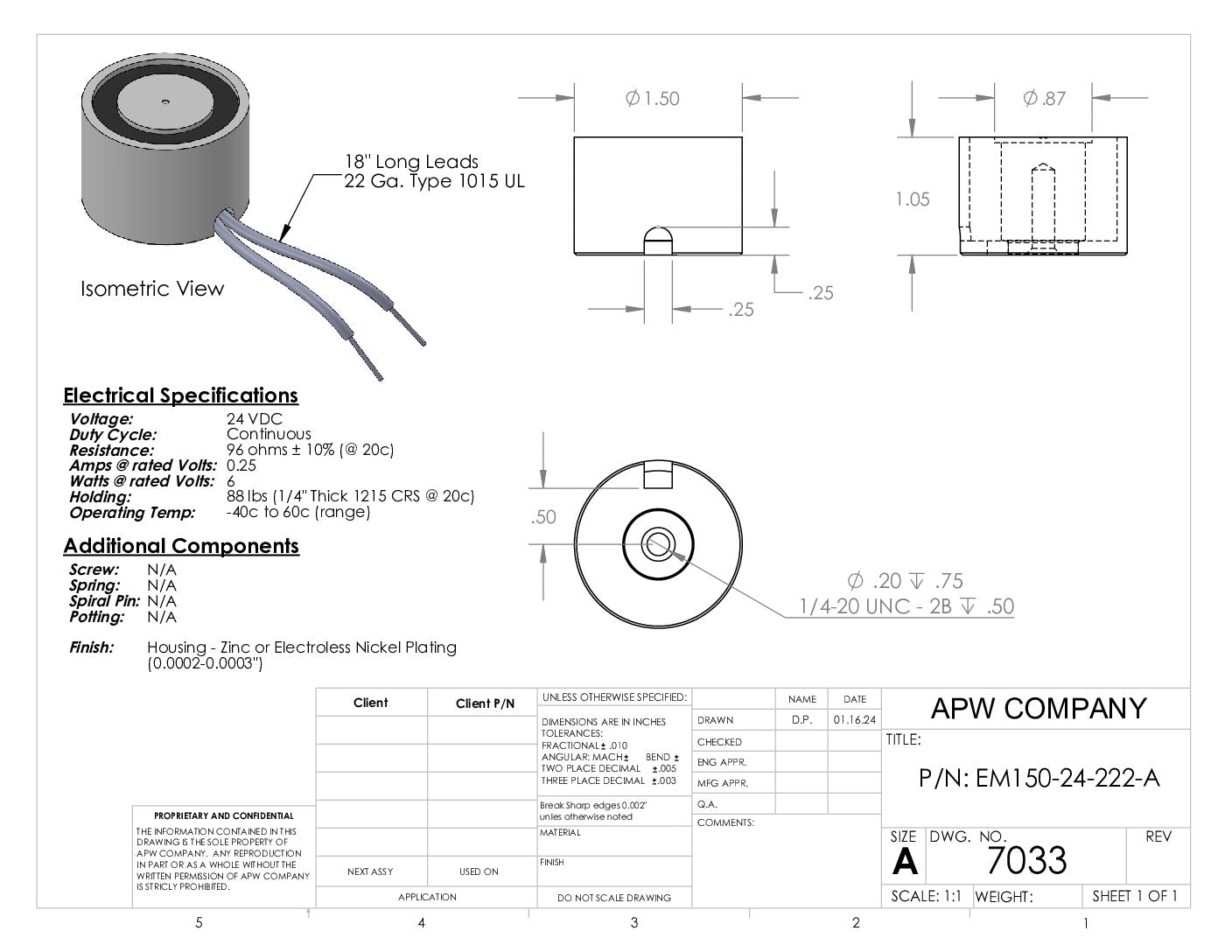 EM150-24-222-A – Round Electromagnet 1.5 inch Dia. 24 VDC – Holding 88 lbs. image 1