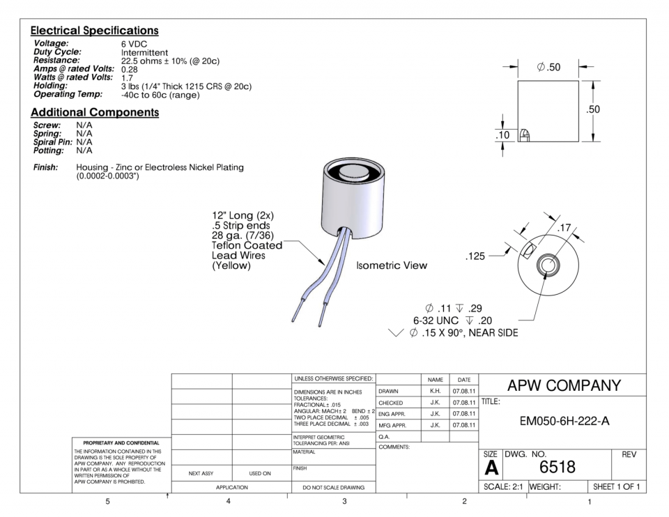 EM050-6H-22-A - Round Electromagnet 0.5 inch Dia. 6 volts DC - Holding 3 lbs. image 1