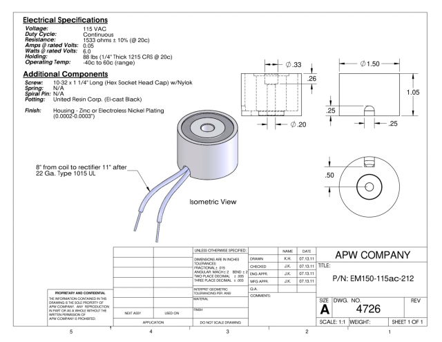 EM150-115ac-212 - Round Electromagnet 1.5 inch Dia. 115 volts AC - Holding 88 lbs. image 1