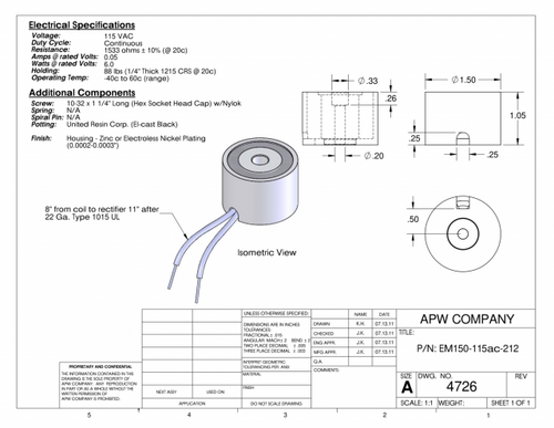 EM150-115ac-212 - Round Electromagnet 1.5 inch Dia. 115 volts AC - Holding 88 lbs. image 1
