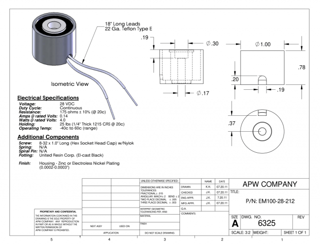 EM100-28-212 - Round Electromagnet 1 inch Dia. 28 volts DC - Holding 25 lbs. image 1