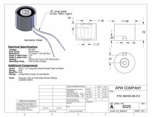 EM100-28-212 - Round Electromagnet 1 inch Dia. 28 volts DC - Holding 25 lbs. image 1