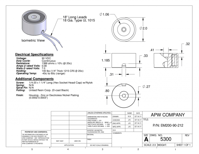 EM200-90-212 - Round Electromagnet 2 inch Dia. 90 volts DC - Holding 140 lbs. image 1