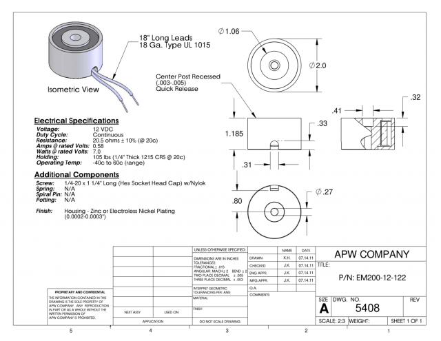 EM200-12-112 - Round Electromagnet 2 inch Dia. 12 volts DC - Holding 105 lbs. image 1