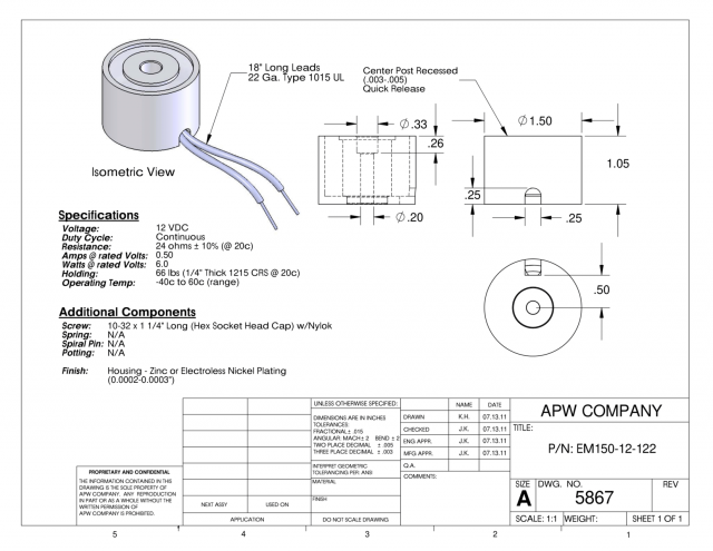 EM150-12-122 - Round Electromagnet 1.5 inch Dia. 12 volts DC - Holding 66 lbs. image 1