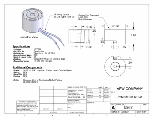 EM150-12-122 - Round Electromagnet 1.5 inch Dia. 12 volts DC - Holding 66 lbs. image 1