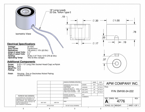EM100-24-212-S1 - Round Electromagnet 1 inch Dia. 24 volts DC - Holding 25 lbs. image 1
