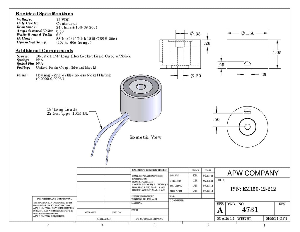 EM150-12-212 - Round Electromagnet 1.5 inch Dia. 12 volts DC - Holding 88 lbs. image 2