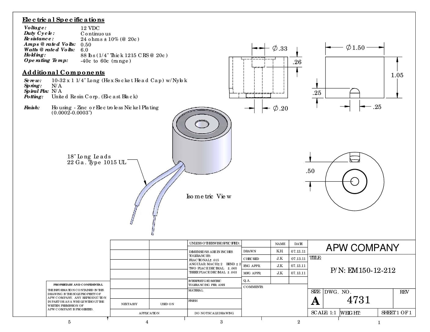 EM150-12-212 - Round Electromagnet 1.5 inch Dia. 12 volts DC - Holding 88 lbs. image 2