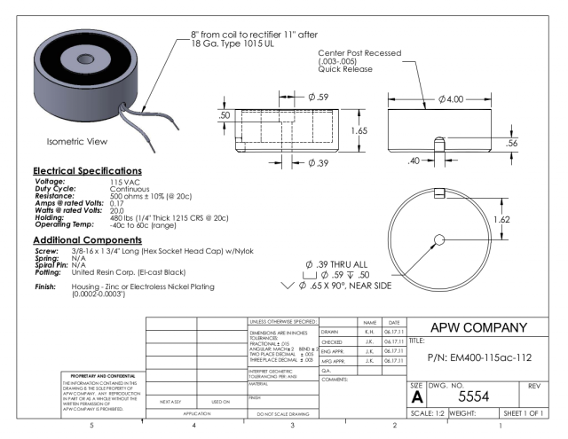 EM400-115ac-112 - Round Electromagnet 4 inch Dia. 115 volts AC - Holding 480 lbs. image 1