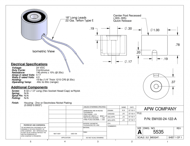 EM100-24-122-A - Round Electromagnet 1 inch Dia. 24 volts DC - Holding 19 lbs. image 1