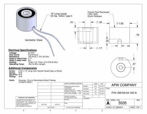 EM100-24-122-A - Round Electromagnet 1 inch Dia. 24 volts DC - Holding 19 lbs. image 1