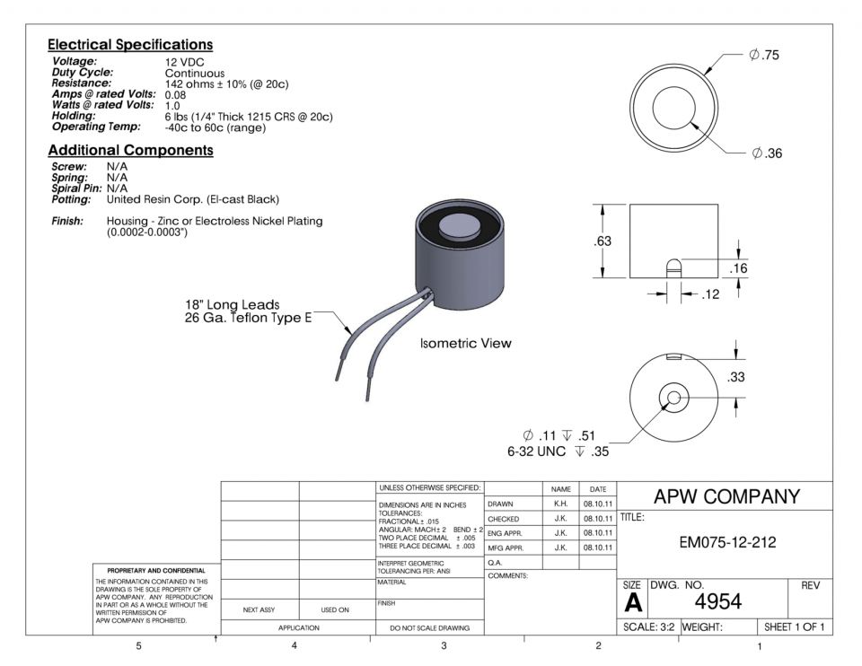 EM075-12-212 - Round Electromagnet 0.75 inch Dia. 12 volts DC - Holding 6 lbs. image 1