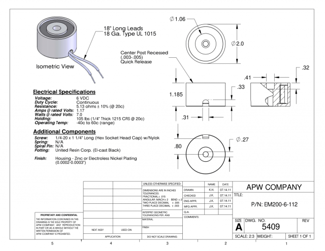 EM200-6-112 - Round Electromagnet 2 inch Dia. 6 volts DC - Holding 105 lbs. image 1