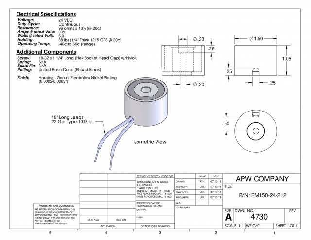 EM150-24-212 - Round Electromagnet 1.5 inch Dia. 24 volts DC - Holding 88 lbs. image 1