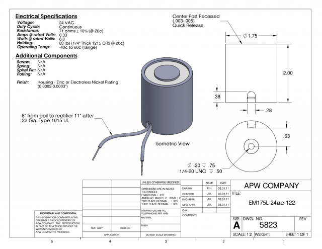 EM175L-24ac-122 - Round Electromagnet 1.75 inch Dia. 24 volts AC - Holding 83 lbs. image 1