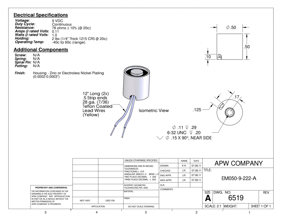 EM050-9-222-A - Round Electromagnet 0.5 inch Dia. 9 volts DC - Holding 2 lbs. image 1