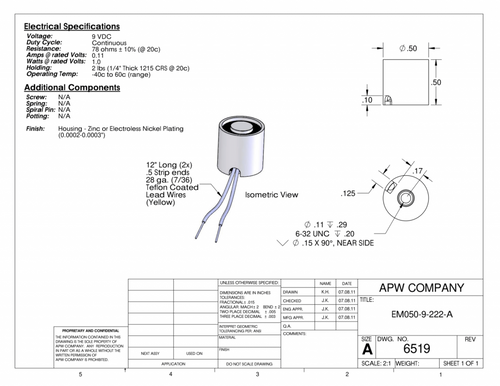 EM050-9-222-A - Round Electromagnet 0.5 inch Dia. 9 volts DC - Holding 2 lbs. image 1