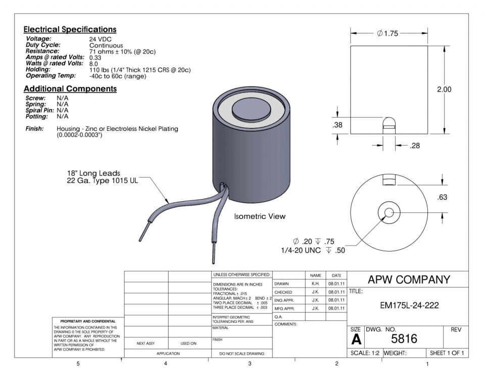 EM175L-24-222 - Round Electromagnet 1.75 inch Dia. 24 volts DC - Holding 110 lbs. image 1