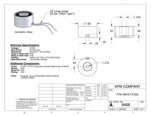 EM137-9-222 - Round Electromagnet 1.375 inch Dia. 9 volts DC - Holding 44 lbs. image 1