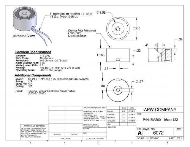 EM200-115ac-122 - Round Electromagnet 2 inch Dia. 115 volts AC - Holding 105 lbs. image 1