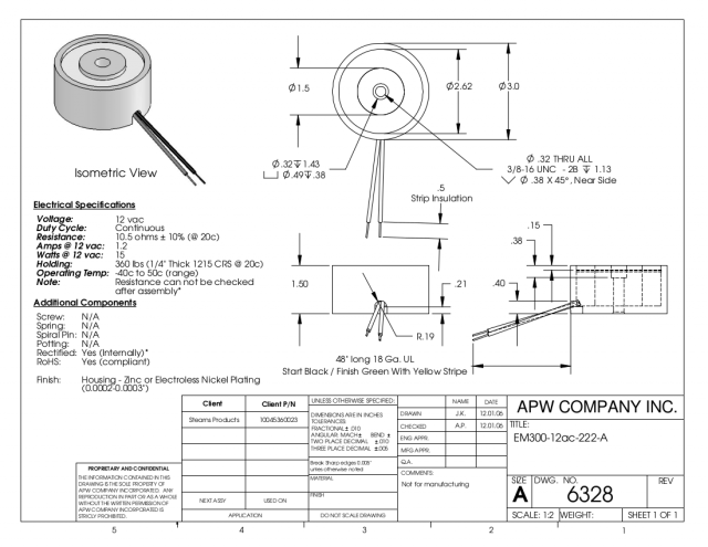 EM300-12ac-222-A - Round Electromagnet 3 inch Dia. 12 volts AC - Holding 400 lbs. image 1