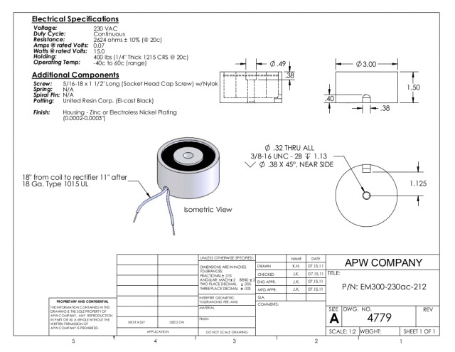 EM300-230ac-212 - Round Electromagnet 3 inch Dia. 230 volts AC - Holding 400 lbs. image 1