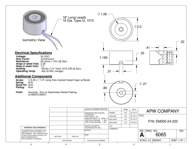 EM200-24-222 - Round Electromagnet 2 inch Dia. 24 volts DC - Holding 140 lbs. image 1