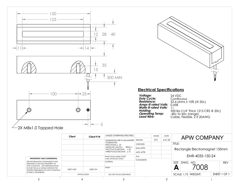EMR-4035-150-24  Rectangular Electromagnet 150mm Length 24 volts DC image 1