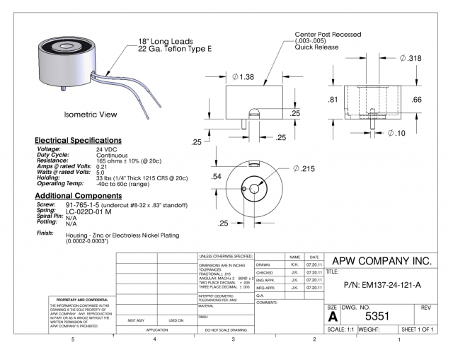 EM137-24-121-A - Round Electromagnet 1.375 inch Dia. 24 volts DC - Holding 33 lbs. image 1