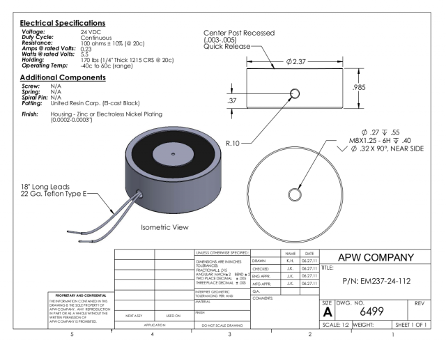 EM237-24-112 - Round Electromagnet 2.37 inch Dia. 24 volts DC - Holding 170 lbs. image 1