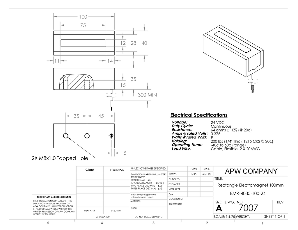 EMR-4035-100-24  Rectangular Electromagnet 100mm Length 24 volts DC image 1