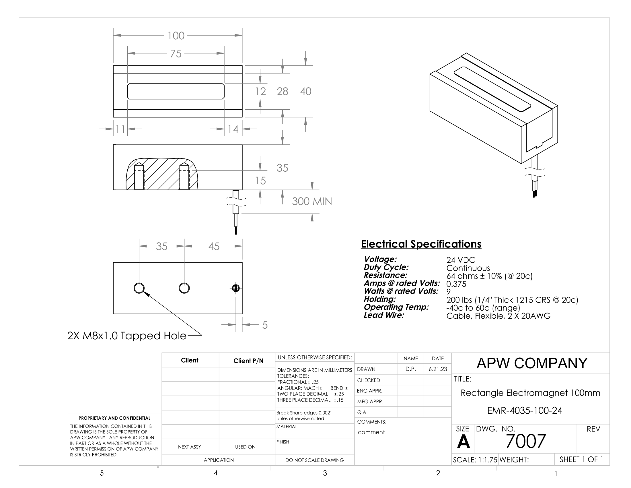 EMR-4035-100-24  Rectangular Electromagnet 100mm Length 24 volts DC image 1