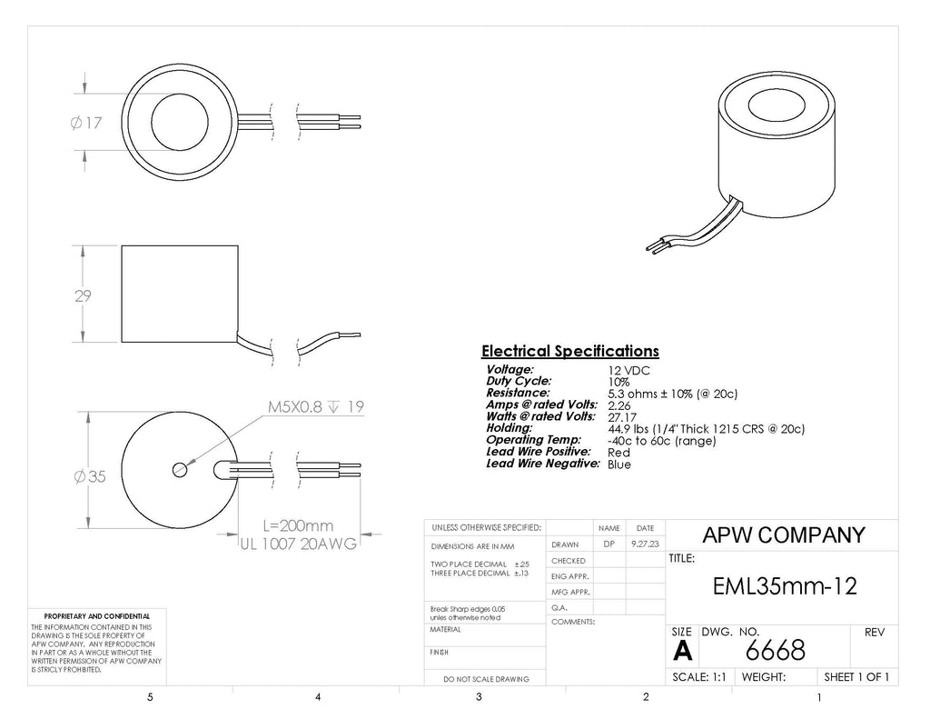 EML35mm-12 - Round Permanent Electromagnet 35 mm Dia. 12 volts DC - Holding 44.9 lbs. image 1