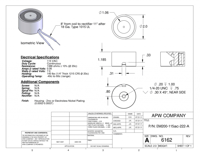 EM200-115ac-222-A - Round Electromagnet 2 inch Dia. 115 volts AC - Holding 140 lbs. image 1