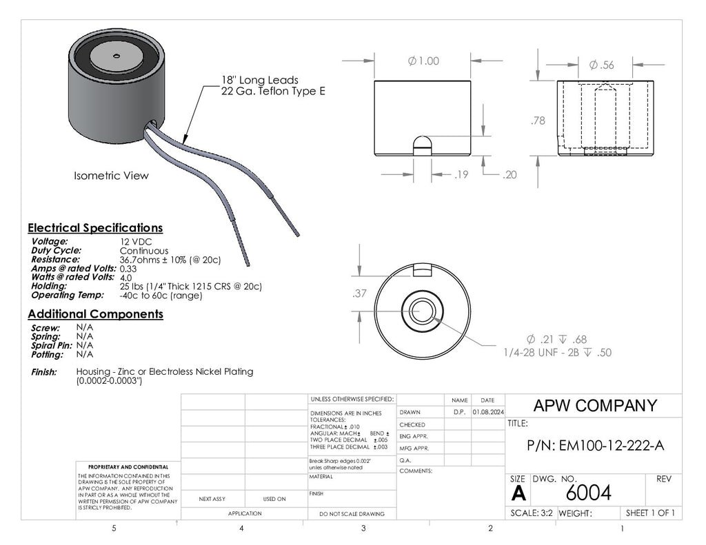 EM100-12-222-A - Round Electromagnet 1 inch Dia. 12 VDC - Holding 25 lbs. image 1