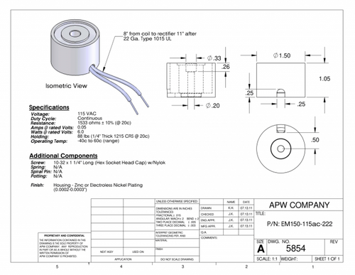EM150-115ac-222 - Round Electromagnet 1.5 inch Dia. 115 volts AC - Holding 88 lbs. image 1