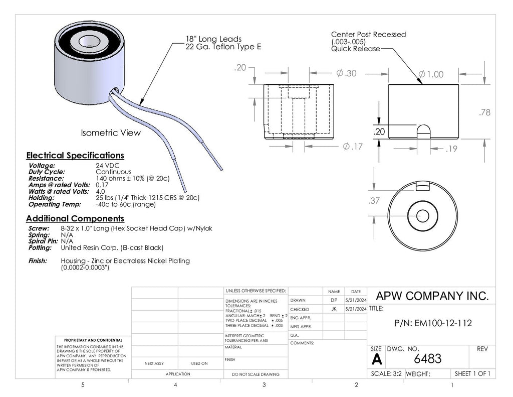 EM100-24-112 - Round Electromagnet 1 inch Dia. 24 volts DC - Holding 19 lbs. image 1
