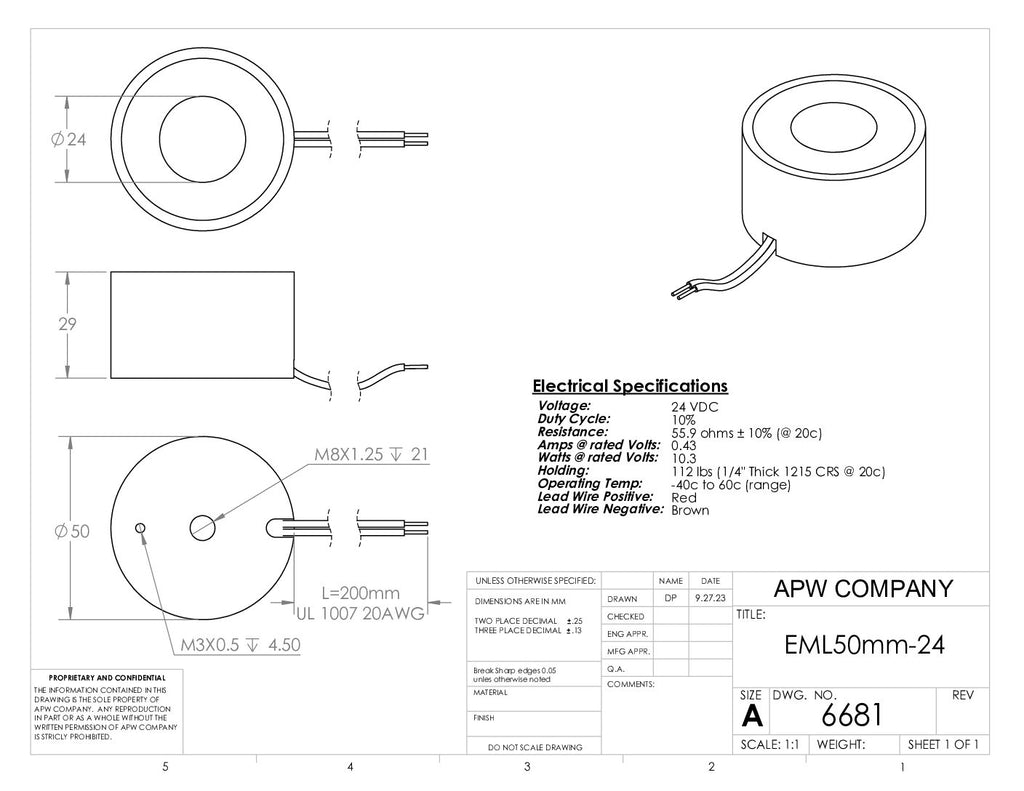 EML50mm-24 - Round Permanent Electromagnet 50 mm Dia. 24 volts DC - Holding 112 lbs. image 1